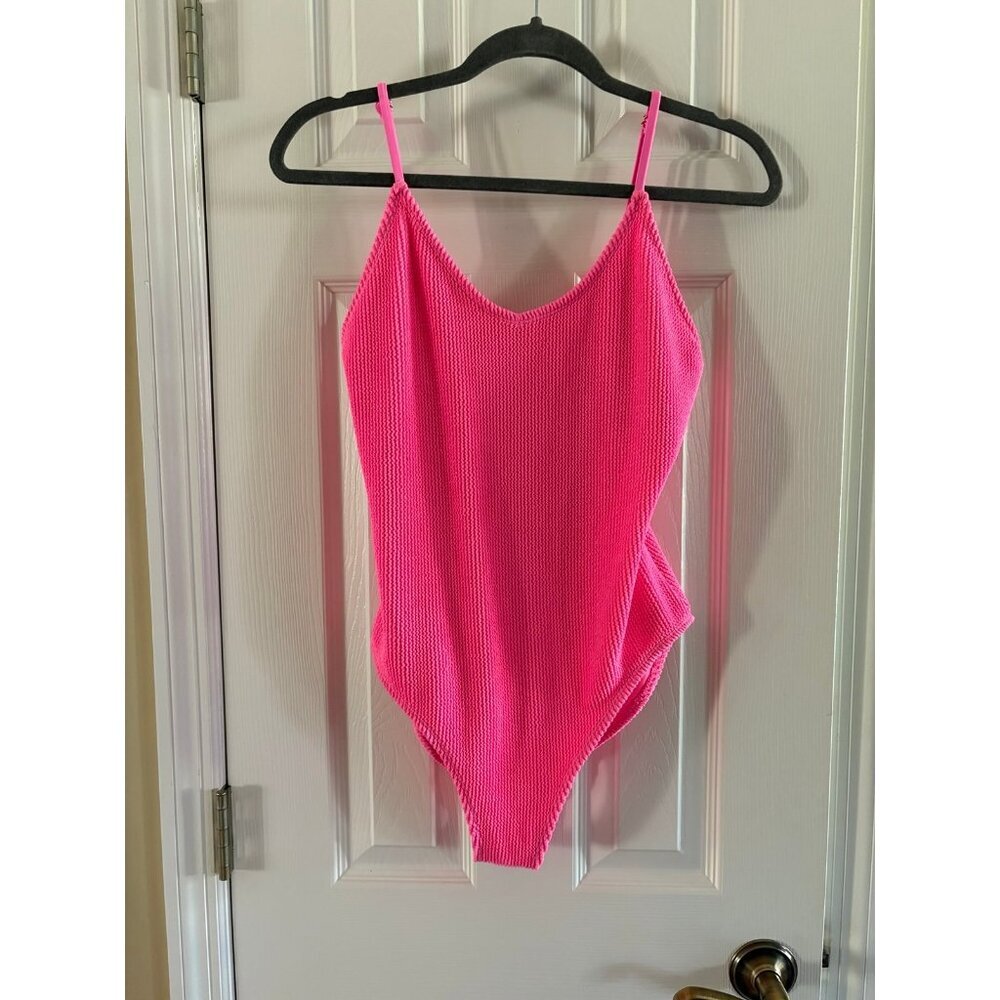Bright Pink Ribbed One Piece Swim Suit